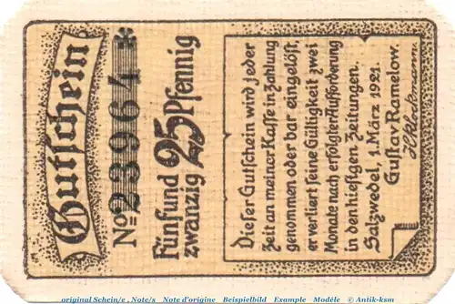 Notgeld G. Ramelow Salzwedel 6375.05.03 , 25 Pfennig Schein in kfr. von 1921 , Sachsen Verkehrsausgabe