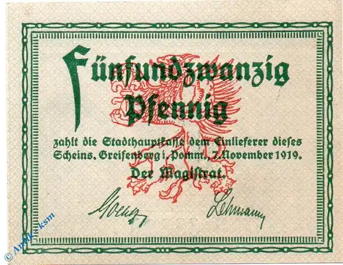 Notgeld Greifenberg , 25 Pfennig Schein , 3 Monate nach .. , Tieste 2435.05.10 , von 1919 , Pommern Verkehrsausgabe