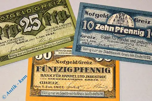 Notgeld Greiz , Set mit 3 Scheinen , Tieste 2445.05.10 bis 12 , von 1921 , Thüringen Verkehrsausgabe