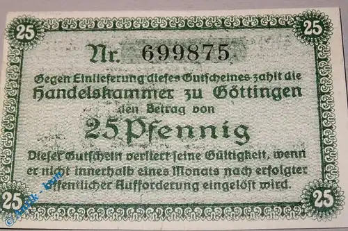 Notgeld Göttingen , Handelkammer , 25 Pfennig Schein , Tieste 2320.10.10 , von 1917 , Niedersachsen Verkehrsausgabe
