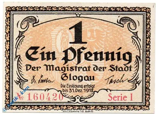 Notgeld Glogau , 1 Pfennig Schein , Serie 1 , Tieste 2280.05.01 , Schlesien Verkehrsausgabe