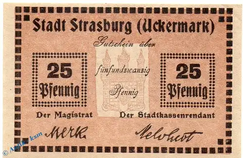 Notgeld Strasburg , 25 Pfennig Schein mit Wz in kfr. Tieste 7165.10.05 , Brandenburg Verkehrsausgabe