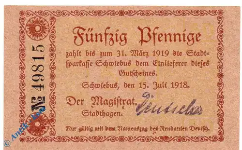 Notgeld Schwiebus , 50 Pfennig Schein , Tieste 6810.25.05 , von 1918 , Brandeburg Verkehrsausgabe