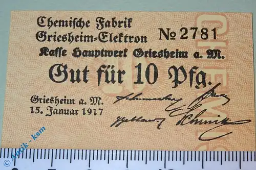Notgeld Griesheim Elektron , 10 Pfennig Schein , Tieste 2460.05.02.1 , von 1917 , Hessen Verkehrsausgabe