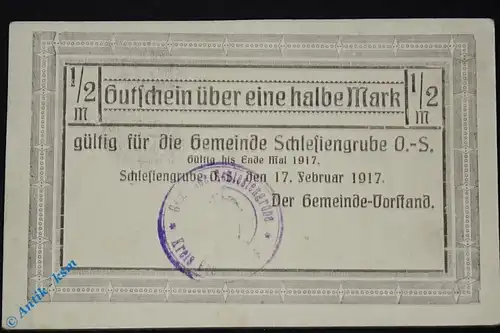 Schlesiengrube , Notgeld 0,50 Mark Schein in kfr. Tieste 6555.05.02 , Oberschlesien 1917 Verkehrsausgabe