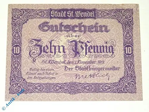 Notgeld Sankt Wendel , 10 Pfennig Schein , Tieste 6420.05.01 , von 1919 , Rheinland Verkehrsausgabe