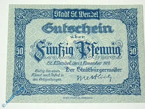 Notgeld Sankt Wendel , 50 Pfennig Schein , Tieste 6420.05.03 , von 1919 , Rheinland Verkehrsausgabe