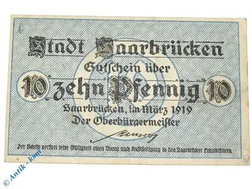 Notgeld Saarbrücken , 10 Pfennig Schein , Wz Bandwerk , Tieste 6335.10.05 , von 1919 , Rheinland Verkehrsausgabe