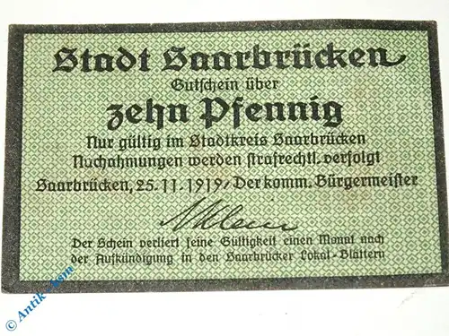 Notgeld Saarbrücken , 10 Pfennig Schein , Ohne Wz , Tieste 6335.10.20 , von 1919 , Rheinland Verkehrsausgabe