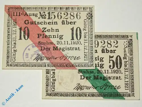 Notgeld Stuhm , Set mit 2 Scheinen , IIId , Tieste 7215.05.25 und 26 , von 1920 , deutsch Westpreussen Verkehrsausgabe