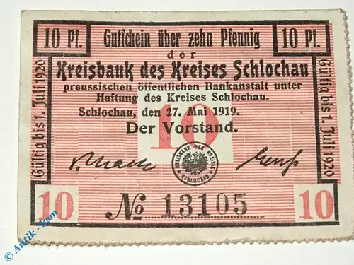 Notgeld Schlochau , 10 Pfennig Schein , Tieste 6575.05.20 , von 1919 , deutsch Westpreussen Verkehrsausgabe