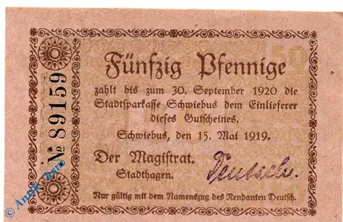 Notgeld Schwiebus , 50 Pfennig Schein , Tieste 6810.25.15 , von 1919 , Brandenburg Verkehrsausgabe