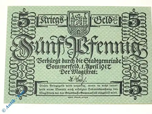 Vorlage Notgeld Sommerfeld , 5 Pfennig Schein , Tieste 6970.05.05 , von 1917 , Brandenburg Verkehrsausgabe