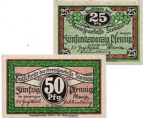 Notgeld Kreissparkasse Steinau , Set mit 2 Scheinen in kfr. Tieste 7115.05.25 und 26 o.D. Schlesien Verkehrsausgabe