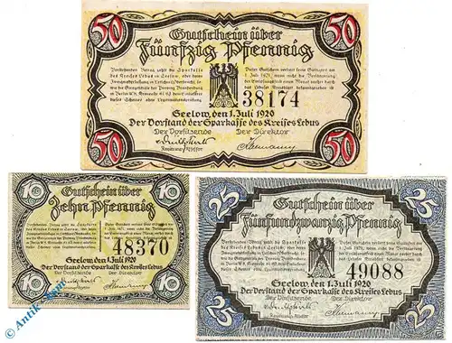 Notgeld Seelow , Set mit 3 Scheinen , Tieste 6830.05.05 bis 07 , von 1920 , Brandenburg Verkehrsausgabe