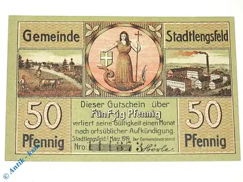 Notgeld Stadtlengsfeld , 50 Pfennig Schein , Tieste 7055.05.45 , von 1919 , Sachsen Verkehrsausgabe