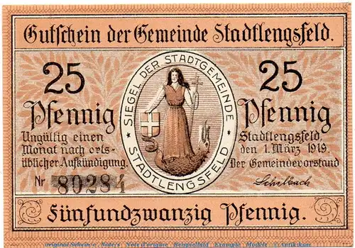 Notgeld Gemeinde Stadtlengsfeld 7055.05.60 , 25 Pfennig Schein in kfr. von 1919 , Sachsen Verkehrsausgabe