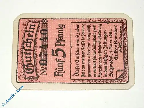 Notgeld Salzwedel , Ramelow , 5 Pfennig Schein , Tieste 6375.05.01 , von 1921 , Sachsen Verkehrsausgabe