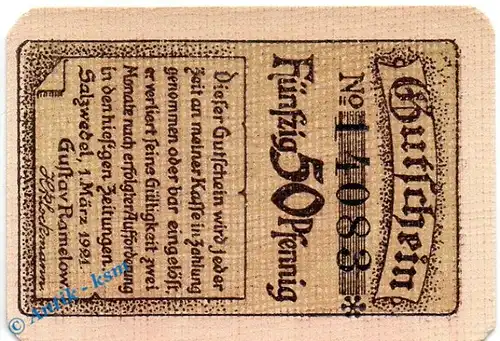Notgeld Salzwedel , Ramelow , 50 Pfennig Schein , Tieste 6375.05.04 , von 1921 , Sachsen Verkehrsausgabe