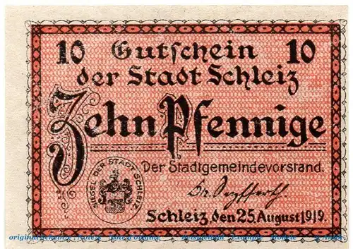 Notgeld Stadt Schleiz 6550.05.11 , 10 Pfennig Bergkirche in kfr. von 1919 , Reuss j. Linie Verkehrsausgabe