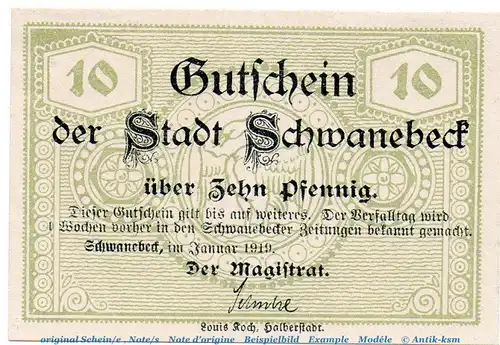 Notgeld Stadt Schwanebeck 6740.10.01 , 10 Pfennig Schein in kfr. von 1919 , Sachsen Verkehrsausgabe