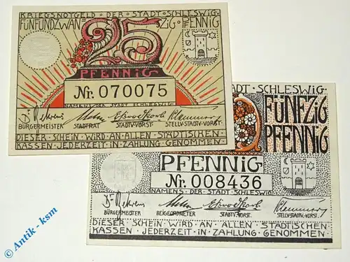 Notgeld Schleswig , Set mit 2 Scheinen , Tieste 6560.10.30 und 40 , von 1920 , Schleswig Holstein Verkehrsausgabe