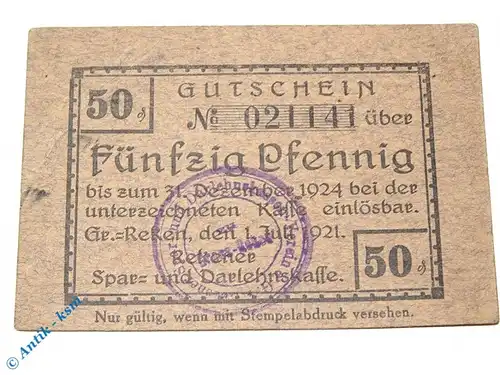 Notgeld Gross Reken , 50 Pfennig Schein , Tieste 2580.05.10 , von 1918 , Westfalen Verkehrsausgabe