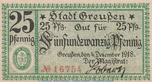 Notgeld Stadt Greussen , 25 Pfennig Schein in kfr. Tieste 2455.05.01 von 1918 , Thüringen Verkehrsausgabe