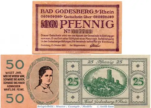 Notgeld Bad Godesberg , Set mit 3 Scheinen in kfr. Tieste 2295.05.01 bis 03 , von 1920 , Rheinland Verkehrsausgabe