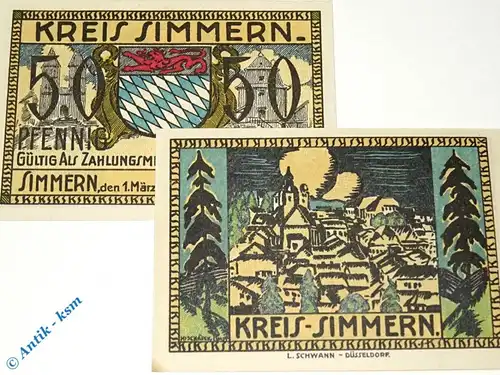 Notgeld Simmern , Set mit 2 Scheinen , Tieste 6925.05.20 und 21 , von 1921 , Rheinland Verkehrsausgabe