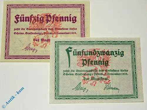 Notgeld Greifenberg , Set mit 2 Scheinen , Wz Tropfen , Tieste 2435.05.20 und 21 , von 1919 , Pommern Verkehrsausgabe