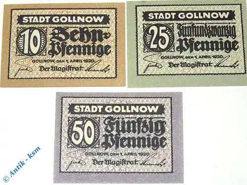 Notgeld Gollnow , Set mit 3 Scheinen , Tieste 2350.05.15 bis 17 , von 1920 , Pommern Verkehrsausgabe