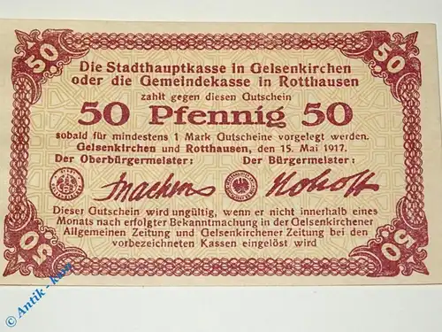 Notgeld Gelsenkirchen , 50 Pfennig Schein , Tieste 2165.05.25 , von 1917 , Westfalen Verkehrsausgabe