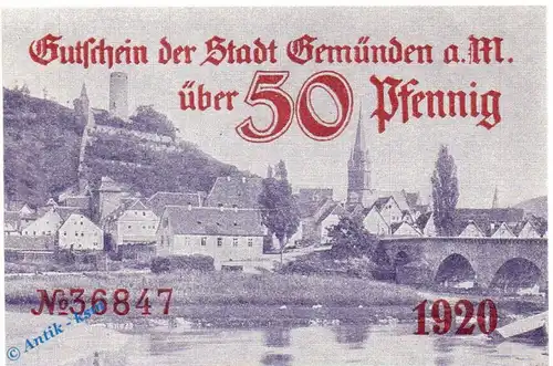 Notgeld Gemünden , 50 Pfennig Schein violet in kfr. o. Verfallszeit , Tieste 2170.05.40 , Bayern Verkehrsausgabe