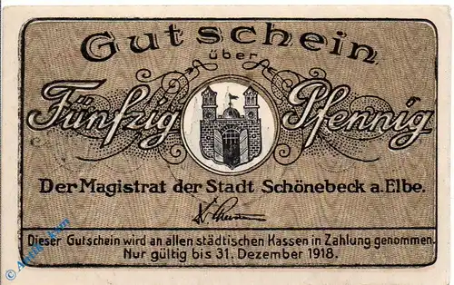 Notgeld Schönebeck , 50 Pfennig Schein Wz Tropfen , Tieste 6635.05.15 , Sachsen Verkehrsausgabe