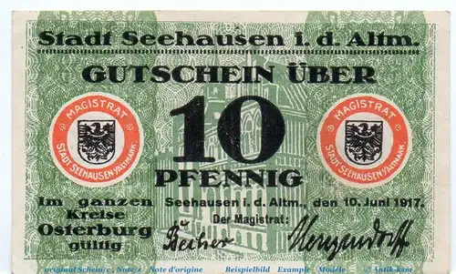 Notgeld Stadt Seehausen 6820.05.06 , 10 Pfennig Menzendorff in kfr. von 1917 , Sachsen Verkehrsausgabe