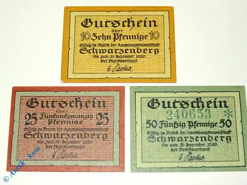 Notgeld Schwarzenberg , Set mit 3 Scheinen bis 1920 , Tieste 6755.05.15 bis 17 , Sachsen Verkehrsausgabe