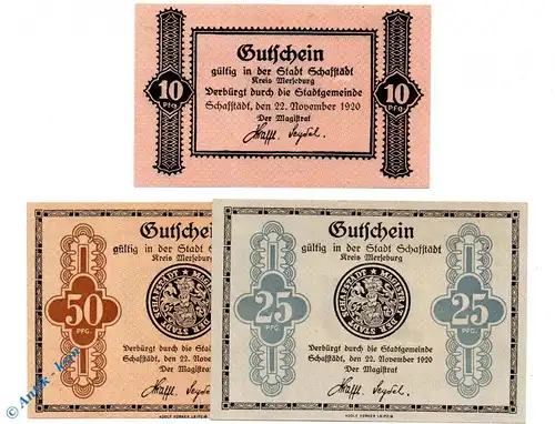 Notgeld Stadt Schafstädt , Set mit 3 Scheinen in kfr. Tieste 6450.05.20-22 von 1920 , Sachsen Verkehrsausgabe