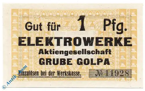 Notgeld Grube Golpa , Elektrowerke , 1 Pfennig Schein , Tieste 2355.05.40 , Sachsen Verkehrsausgabe