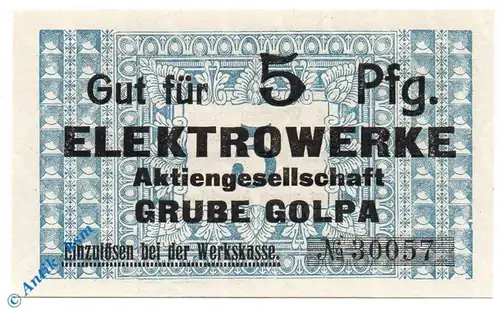 Notgeld Grube Golpa , Elektrowerke , 5 Pfennig Schein , Tieste 2355.05.42 , Sachsen Verkehrsausgabe