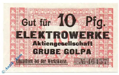 Notgeld Grube Golpa , Elektrowerke , 10 Pfennig Schein , Tieste 2355.05.43 , Sachsen Verkehrsausgabe