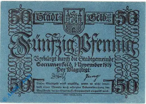 Notgeld Sommerfeld , 50 Pfennig Schein matt , Tieste 6970.05.15 , von 1919 , Brandenburg Verkehrsausgabe