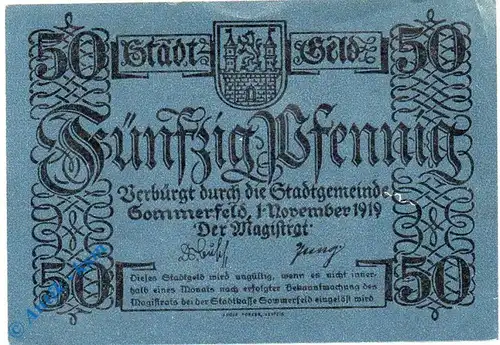 Notgeld Sommerfeld , 50 Pfennig Schein glanz , Tieste 6970.05.10 , von 1919 , Brandenburg Verkehrsausgabe