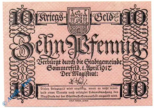 Notgeld Sommerfeld , 10 Pfennig Schein mit Wz , Tieste 6970.05.06 , von 1917 , Brandenburg Verkehrsausgabe