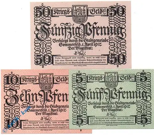 Notgeld Sommerfeld , Set mit 3 Scheinen mit Wz , Tieste 6970.05.05 bis 07 , von 1917 , Brandenburg Verkehrsausgabe