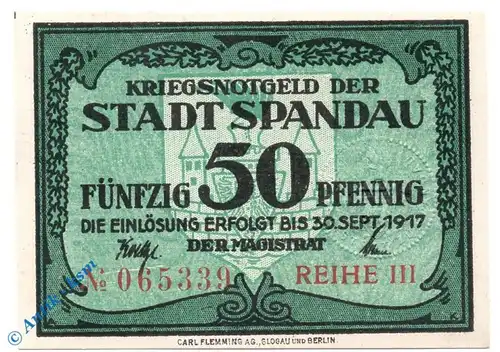 Notgeld Spandau , 50 Pfennig Schein , Tieste 7000.10.01 , Brandenburg Verkehrsausgabe