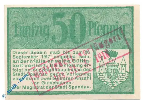 Notgeld Spandau , 50 Pfennig Schein , Stempel 31.03.1918 , Tieste 7000.10.05 , Brandenburg Verkehrsausgabe