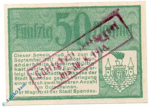 Notgeld Spandau , 50 Pfennig Schein , Stempel 30.09.1918 , Tieste 7000.10.10 , Brandenburg Verkehrsausgabe
