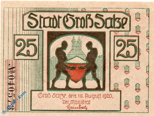 Notgeld Gross Salze , 25 Pfennig Schein , Tieste 2595.05.02 , von 1920 , Sachsen Verkehrsausgabe