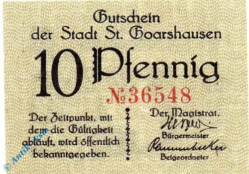 Notgeld Sankt Goarshausen , 10 Pfennig Schein , Tieste 6415.05.01 , Rheinland Verkehrsausgabe